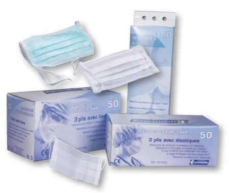 Masque de soins 2 plis - en non tissé avec barrette nasale et élastiques - boite 100